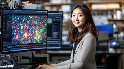 Poster - A Young Woman Using a Computer in a Laboratory Setting with Data Visualization Displayed on the Screen
