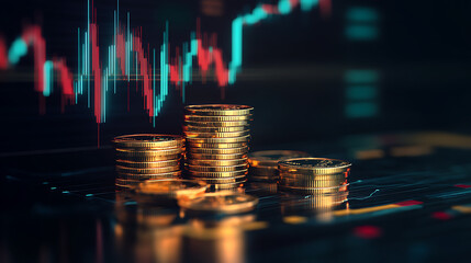 Aufkleber - Stacks of gold coins with a rising stock chart in the background symbolize the increasing price of gold