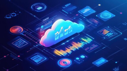 Aufkleber - Abstract Cloud Computing Network with Neon Graphics and Data Visualizations