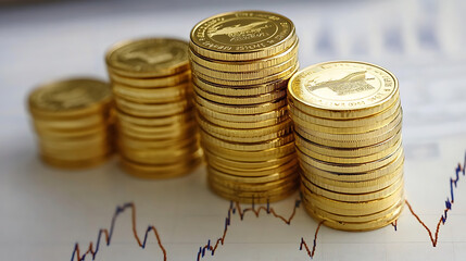 Aufkleber - Stacks of gold coins with a rising stock chart in the background symbolize the increasing price of gold