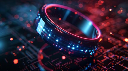 Poster - Futuristic glowing ring with blue and red lights hovering over a circuit board, emitting a soft, otherworldly glow, suggesting advanced technology and innovation