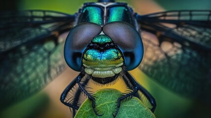 Aufkleber - Close-up of a Dragonfly's Face and Legs with Vibrant Green and Blue Hues