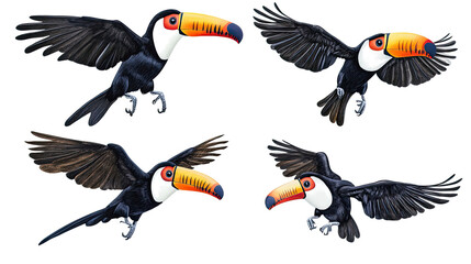 Poster - Toco Toucans Flying in Various Positions in a Rainforest Setting Generative AI