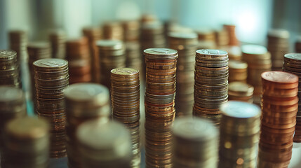Aufkleber - Stacks of coins and buildings symbolize diverse investment opportunities in real estate and finance