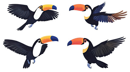 Poster - Toco Toucans Flying in Various Positions Over a Rainforest Backdrop Generative AI