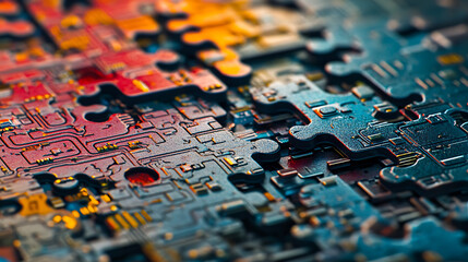 Fototapete - Puzzle pieces with circuit patterns symbolizing microservices integration