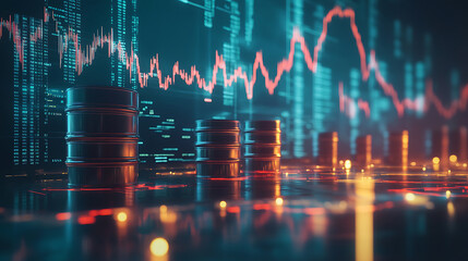 Leinwandbilder - Oil barrels and stock market graph reflecting fuel price trends and oil market volatility