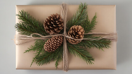 Aufkleber - Natural gift wrap with brown paper, twine, pinecones, and greenery, emphasizing eco-friendly and rustic aesthetics