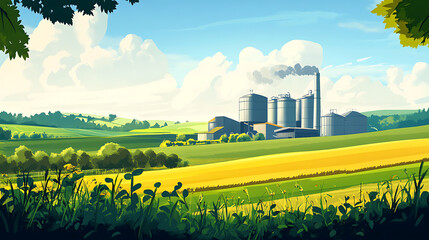 Poster - Modern biogas plant in a lush green field, representing sustainable energy production and eco-friendly technology