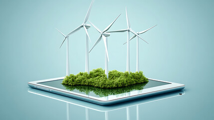 Poster - miniature wind turbines on a digital tablet symbolize corporate responsibility and esg reporting