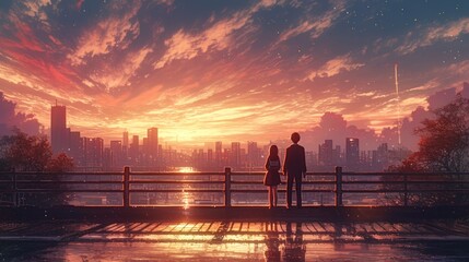 Canvas Print - A couple silhouetted against a vibrant sunset over a cityscape, standing on a bridge overlooking the water.