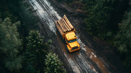 Poster - Logging truck transporting timber through forest on muddy road