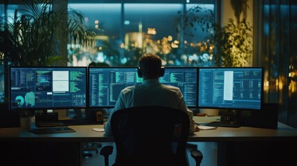 Poster - A person working late at night in front of three computer monitors displaying code and data.
