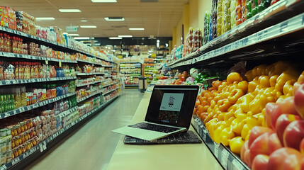 Poster - Laptop on table in grocery aisle, symbolizing online grocery shopping