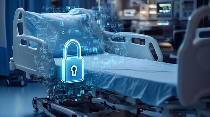 Poster - Hospital bed with digital lock symbolizing cybersecurity in healthcare