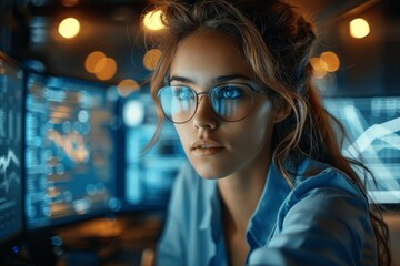 Poster - Futuristic Female Engineer Analyzing Data on Digital Screens in High-Tech Office