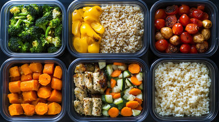 Aufkleber - Healthy meal prep with fresh vegetables and grains in containers, ideal for diet planning and portion control