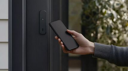 Aufkleber - Hand holding smartphone unlocking smart door, representing mobile access for secure smart home