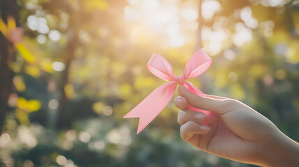 Aufkleber - Hand holding a pink ribbon symbolizing breast cancer awareness and survivor strength, set against a blurred natural background