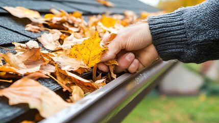 Leinwandbilder - Hand clearing autumn leaves from a gutter on a house roof, symbolizing maintenance to prevent clogged gutters