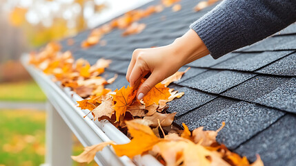 Leinwandbilder - Hand clearing autumn leaves from a gutter on a house roof, symbolizing maintenance to prevent clogged gutters
