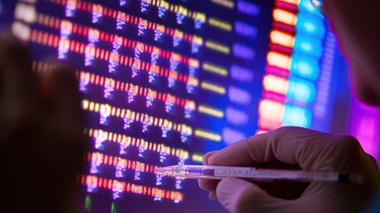 Poster - Gloved Hand Pointing at a Screen with Colorful Data
