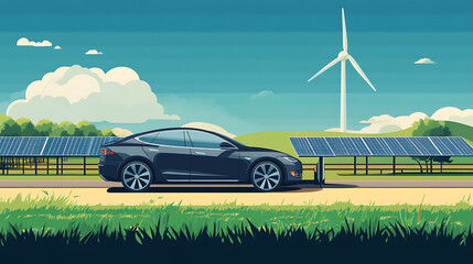 Poster - electric car charging near solar panels and wind turbine, symbolizing renewable energy and sustainab