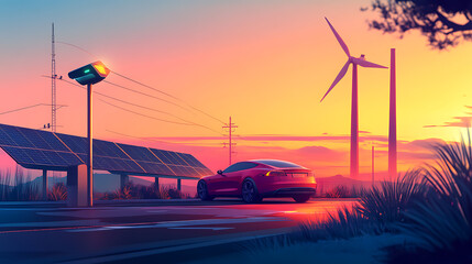 Poster - electric car charging near solar panels and wind turbine, symbolizing renewable energy and sustainab