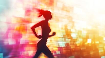 Poster - Silhouette of a sporty woman running fast in a colorful and abstract urban background with motion blur effect, conveying concepts of speed, fitness, and determination