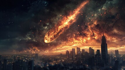 Wall Mural - a city skyline under a dark sky as a meteorite descends toward the earth, with fiery clouds and shoc