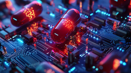 Poster - Digital pills on a circuit board symbolizing ai in medicine and drug development