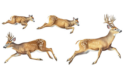 Poster - Whitetail Deer Bucks Jumping in a Dynamic Wildlife Illustration Set Generative AI