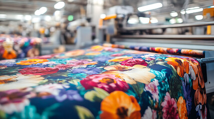 Aufkleber - Digital garment printing machine producing vibrant floral fabric designs in a textile factory
