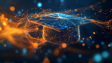 Poster - Digital illustration of a graduation cap made from glowing data connections, representing the impact and connection between education technology products Generative AI