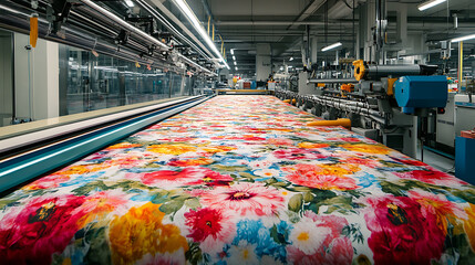 Leinwandbilder - Digital garment printing machine producing vibrant floral fabric designs in a textile factory
