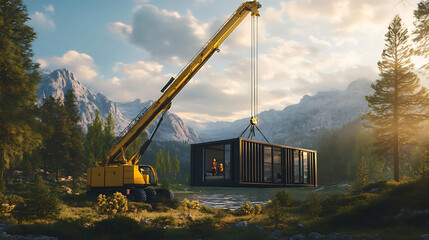 Poster - Crane installing modular living container in scenic outdoor setting