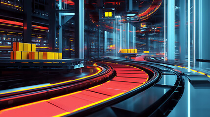 Poster - Conveyor belts with packages symbolize efficient micro-fulfillment processes in modern warehouses