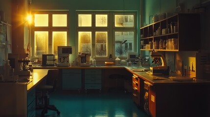 Poster - A Laboratory at Sunset with Scientific Equipment and Windows