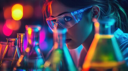 Poster - Woman in Goggles Looking at Chemical Solutions in a Lab