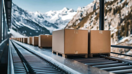 Poster - Cardboard boxes on a conveyor belt in a warehouse, representing efficient micro-fulfillment operations