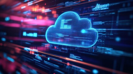 Poster - A Blue Wireframe Cloud Icon on a Digital Interface