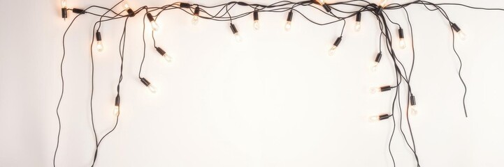 String of wired bulbs casting a warm glow against a plain white background, decor, festive