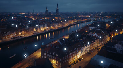 Aufkleber - Aerial view of the Copenhagen skyline at night, with white pins on it representing buildings and shops that can be tiled to form a map for digital marketing, location pin icons floating Generative AI