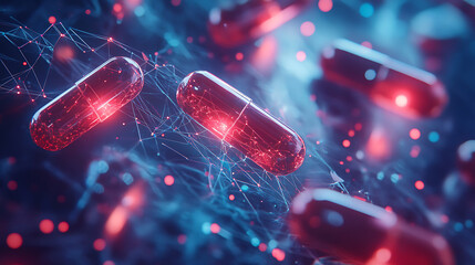 Poster - Ai-driven drug discovery visualized with digital networks and capsules