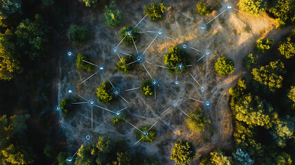 Aufkleber - Aerial view of land plots with digital markers and network lines, representing land plot area concept