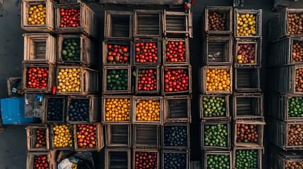 Aerial view of crates filled with various fruits and vegetables, symbolizing organized logistics and distribution in the fresh produce industry