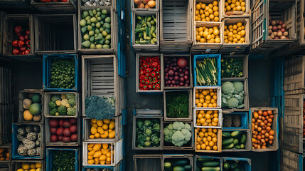 Aerial view of crates filled with various fruits and vegetables, symbolizing organized logistics and distribution in the fresh produce industry