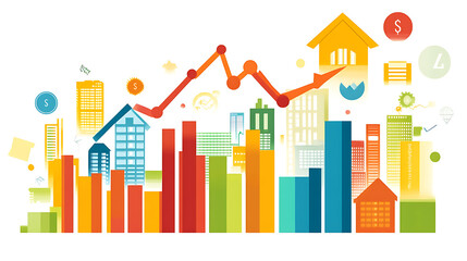 Leinwandbilder - Abstract representation of market trends with cityscape, bar charts, and upward graph indicating growth and analysis