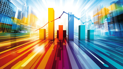 Aufkleber - Abstract representation of market trends with cityscape, bar charts, and upward graph indicating growth and analysis