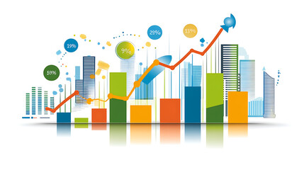 Leinwandbilder - Abstract representation of market trends with cityscape, bar charts, and upward graph indicating growth and analysis